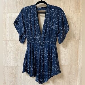 NASTY GAL Polka-Dot Romper with Detachable Sash/Scarf (Small) - Blue